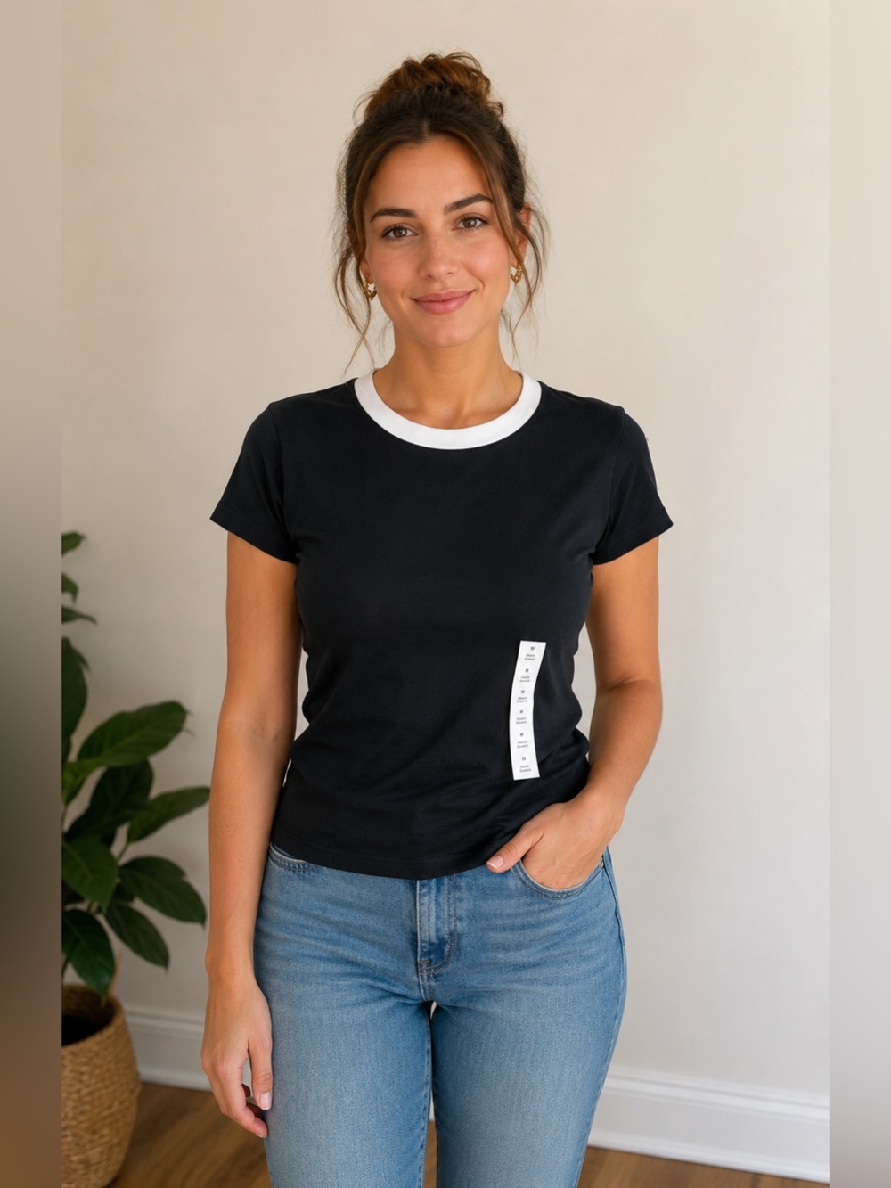 Women Black Tee with White Neck Trim